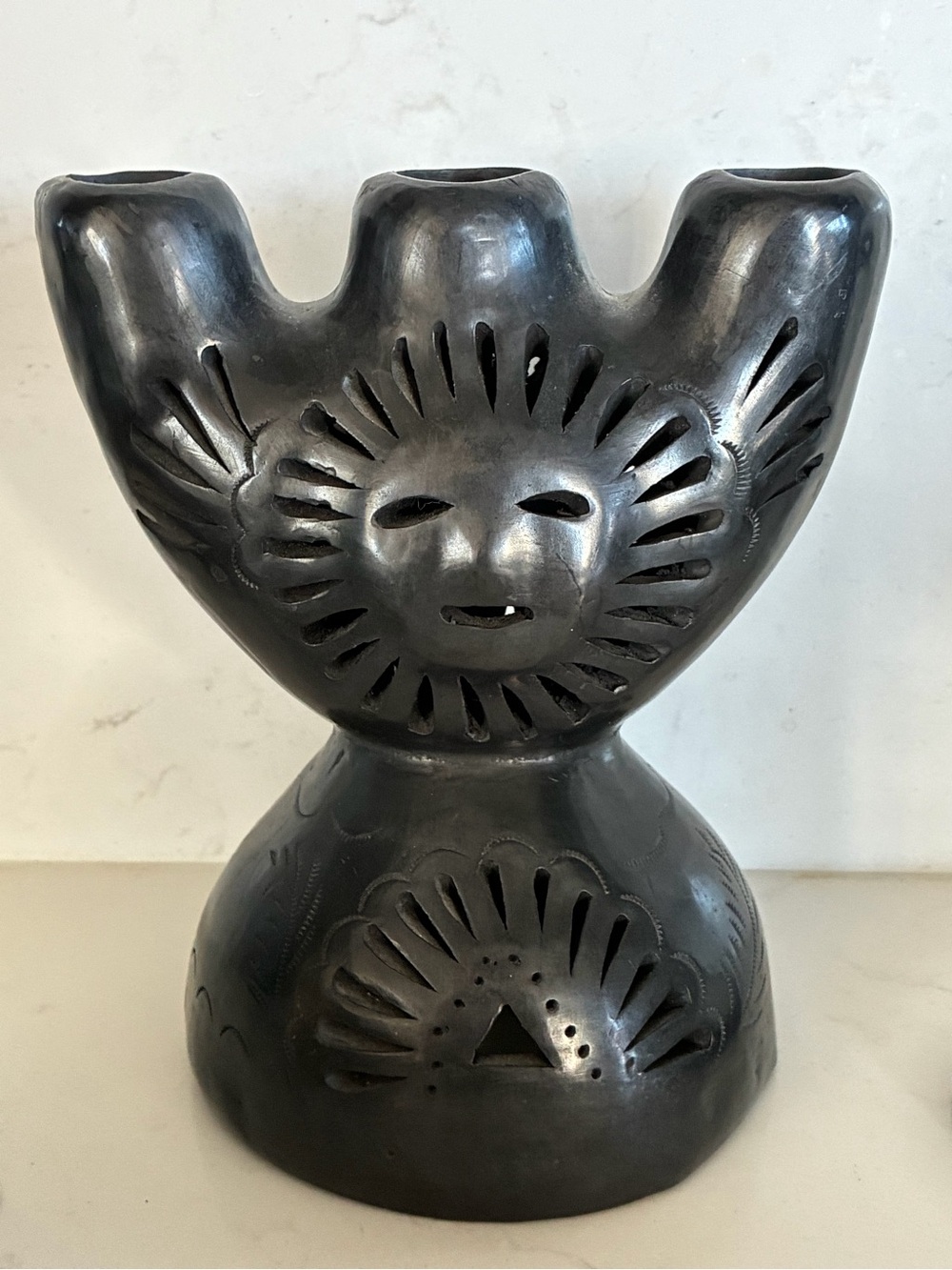 Folk Art Mexican Black Ceramic Three-Holder Candle / Vase /tea light -Sun Motif